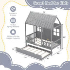 Costway Twin Size House Bed with Trundle Fence Decoration Wooden Windows Tall Roof Gray