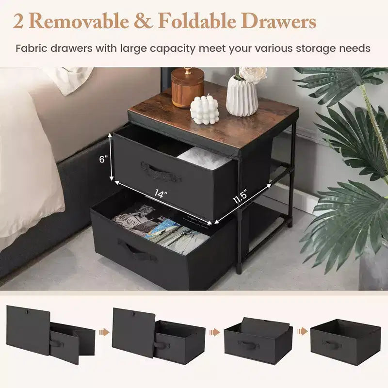 Costway 2PCS Fabric Bedside Table 2 Drawers Nightstand Small Dresser Bedroom Living Room