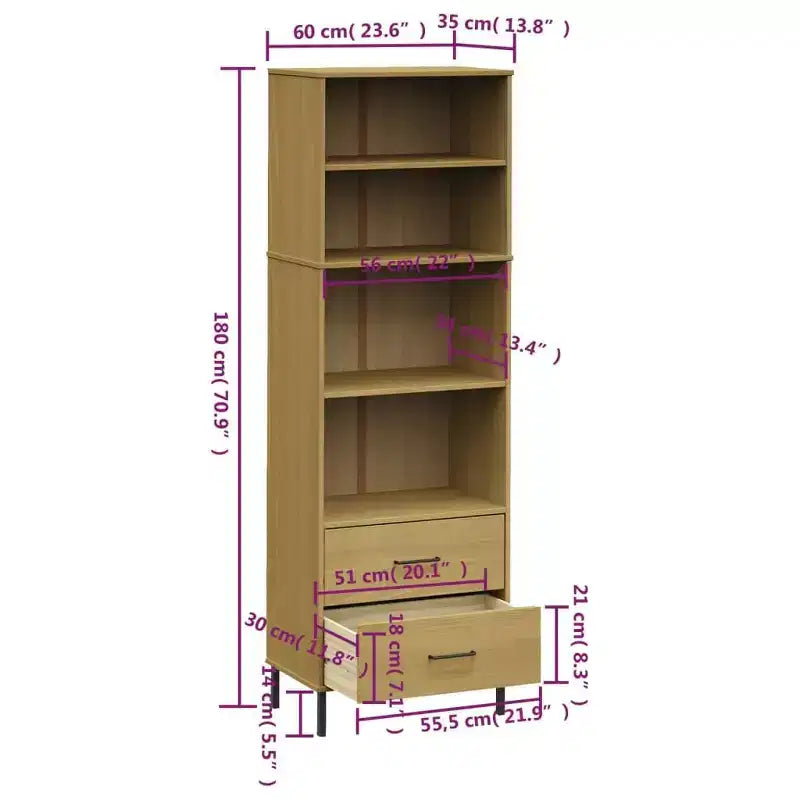vidaXL Libreria con 2 cassetti, mobile contenitore OSLO, in legno massello - Marrone