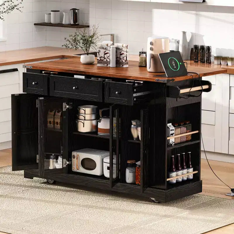 Farmhouse Kitchen Island with Drop Leaf and Wheels, Kitchen Storage Cart with Drawers and Glass Doors, Rolling Kitchen Island with Power Outlet