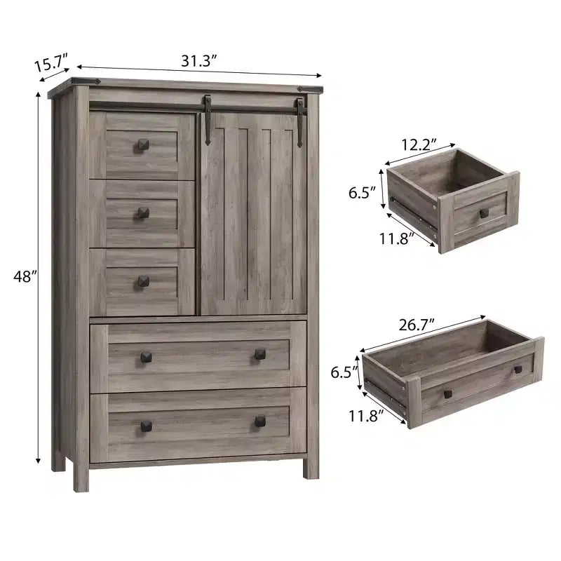 GarveeHome Farmhouse 5-Drawer Dresser, 48 Tall Wood Chest with Sliding Barn Door & Adjustable Shelf, Storage Organizer, Grey