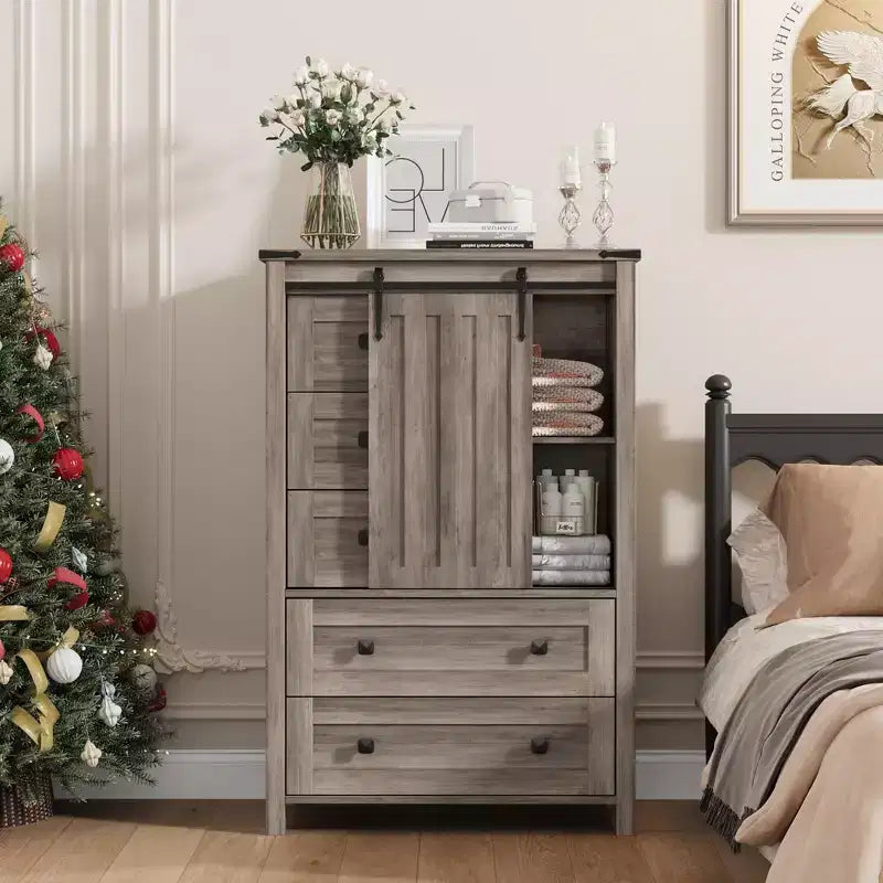 GarveeHome Farmhouse 5-Drawer Dresser, 48 Tall Wood Chest with Sliding Barn Door & Adjustable Shelf, Storage Organizer, Grey