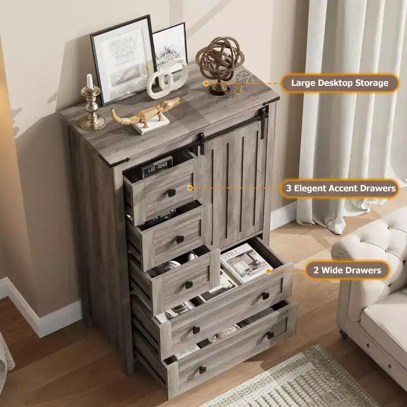 GarveeHome Farmhouse 5-Drawer Dresser, 48 Tall Wood Chest with Sliding Barn Door & Adjustable Shelf, Storage Organizer, Grey