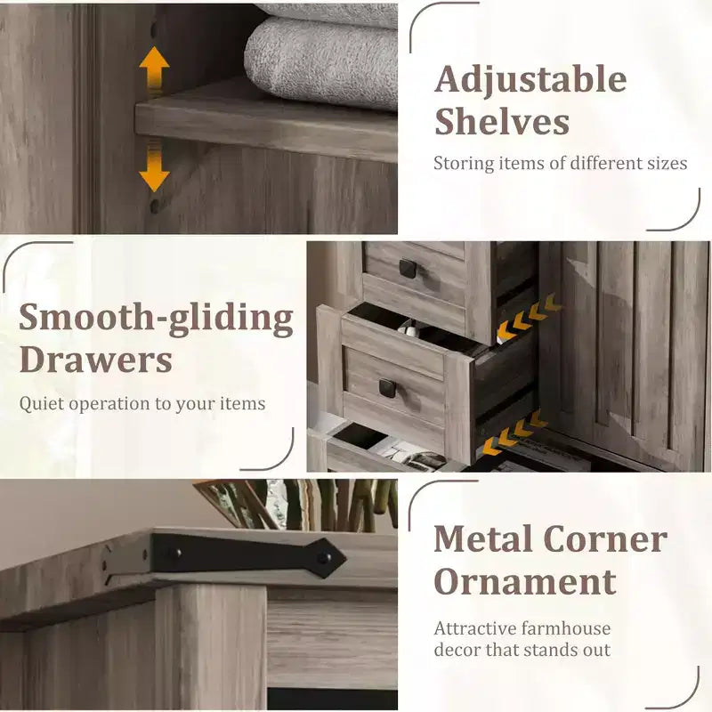 GarveeHome Farmhouse 5-Drawer Dresser, 48 Tall Wood Chest with Sliding Barn Door & Adjustable Shelf, Storage Organizer, Grey