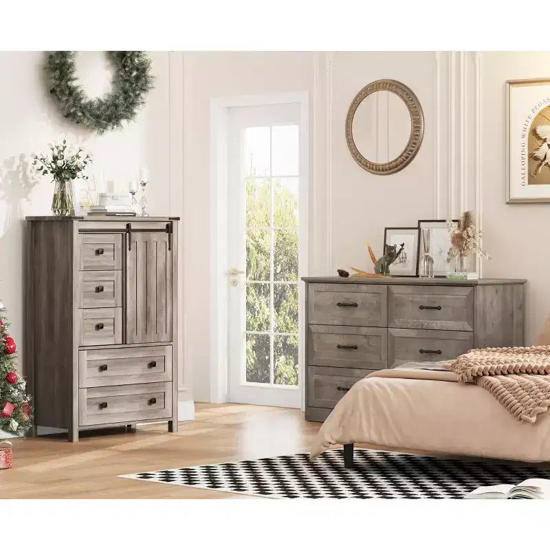 GarveeHome Farmhouse 5-Drawer Dresser, 48 Tall Wood Chest with Sliding Barn Door & Adjustable Shelf, Storage Organizer, Grey