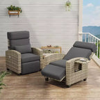 Acekool Outdoor Reclining Patio Chair Brown Wicker with Gray Cushions Adjustable Backrest Footrest Side Table for Patio