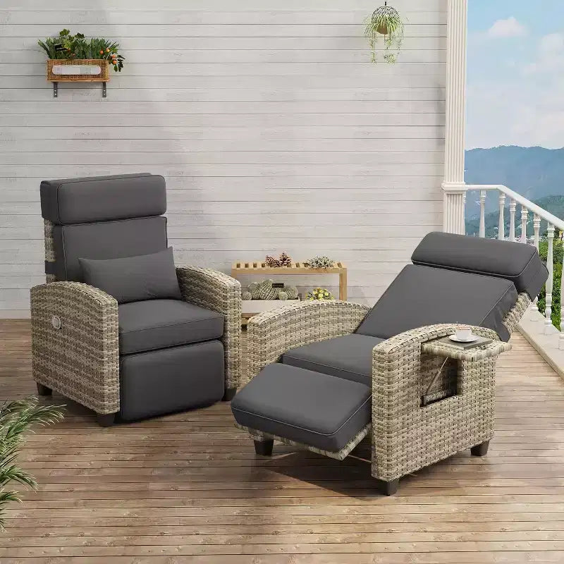 Acekool Outdoor Reclining Patio Chair Brown Wicker with Gray Cushions Adjustable Backrest Footrest Side Table for Patio