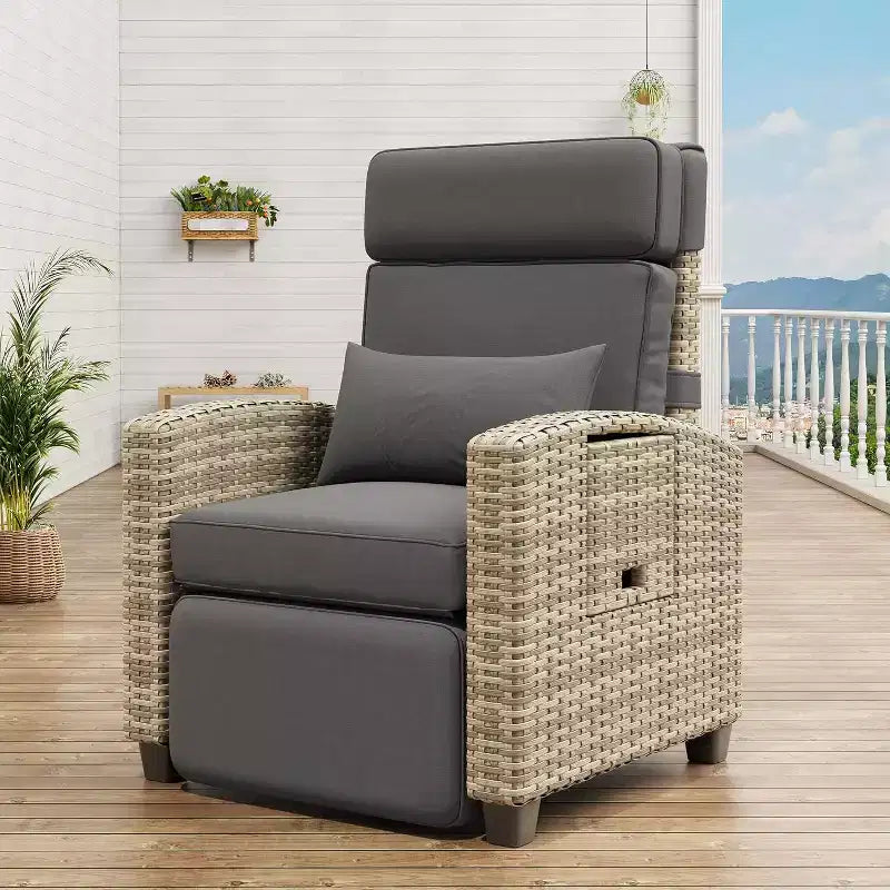 Acekool Sedia Reclinabile da Esterno in Rattan Marrone con Cuscini Grigi Schienale Poggiapiedi Regolabili Tavolino Laterale per Patio