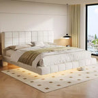 Base letto imbottita di dimensioni Queen/King, con effetto galleggiante, luci e testiera, bianca - ModernLuxe