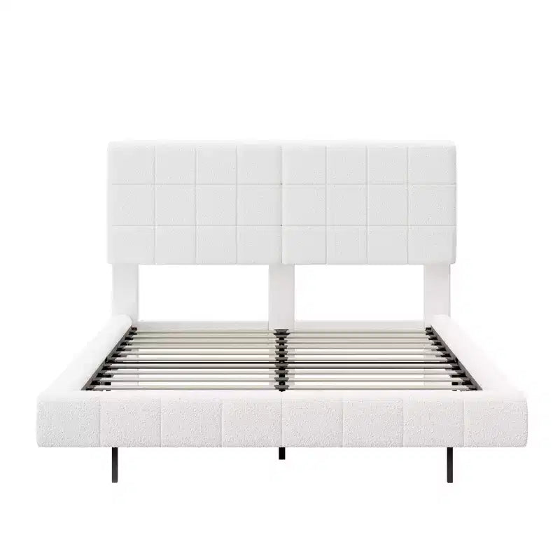 Base letto imbottita di dimensioni Queen/King, con effetto galleggiante, luci e testiera, bianca - ModernLuxe