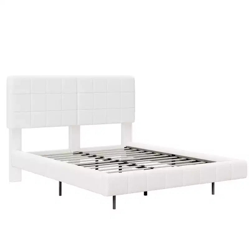 Base letto imbottita di dimensioni Queen/King, con effetto galleggiante, luci e testiera, bianca - ModernLuxe