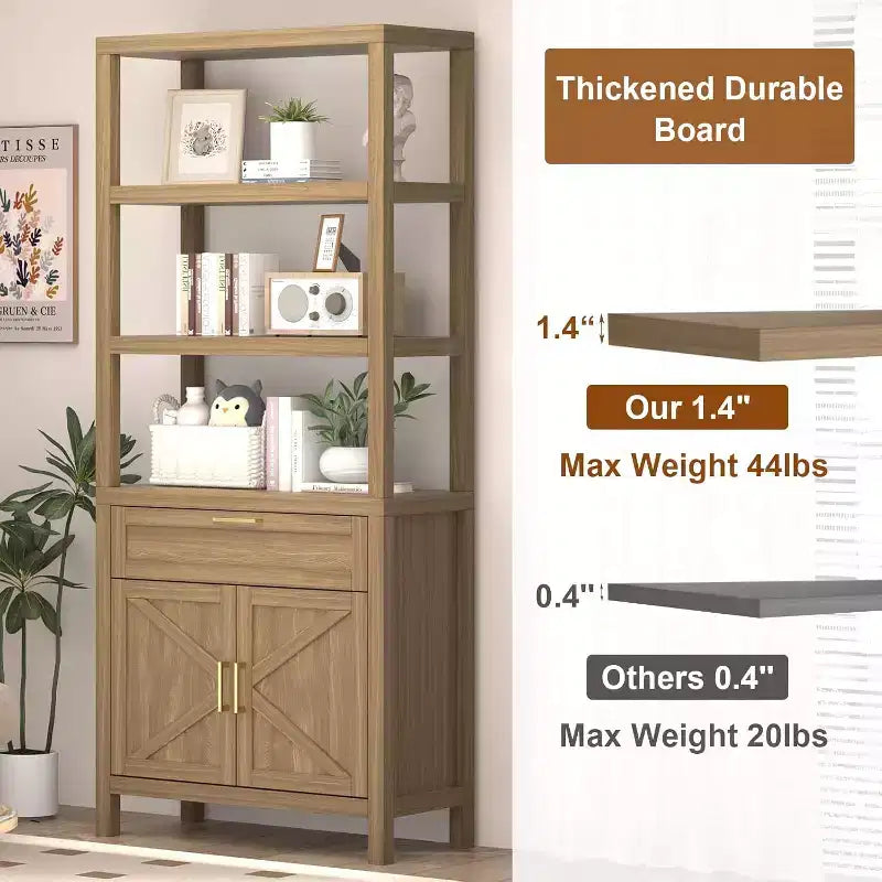 71 Farmhouse Wood Bookshelf with Doors & Drawer - 5-Tier Tall Bookcase, Freestanding Storage Cabinet