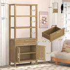 71 Farmhouse Wood Bookshelf with Doors & Drawer - 5-Tier Tall Bookcase, Freestanding Storage Cabinet