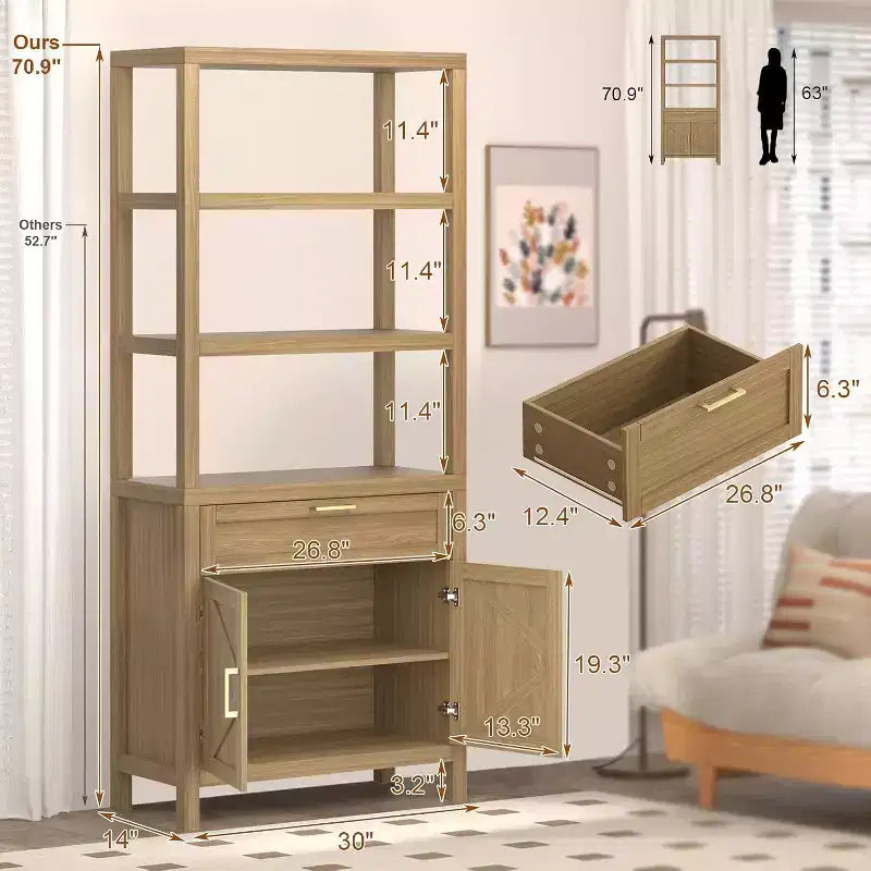 71 Farmhouse Wood Bookshelf with Doors & Drawer - 5-Tier Tall Bookcase, Freestanding Storage Cabinet