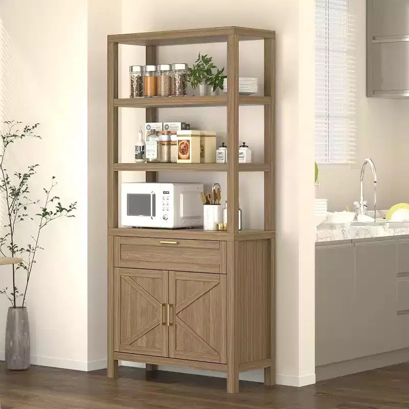 71 Farmhouse Wood Bookshelf with Doors & Drawer - 5-Tier Tall Bookcase, Freestanding Storage Cabinet