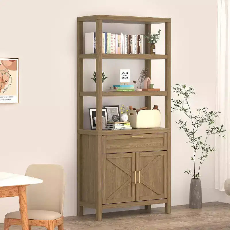 71 Farmhouse Wood Bookshelf with Doors & Drawer - 5-Tier Tall Bookcase, Freestanding Storage Cabinet