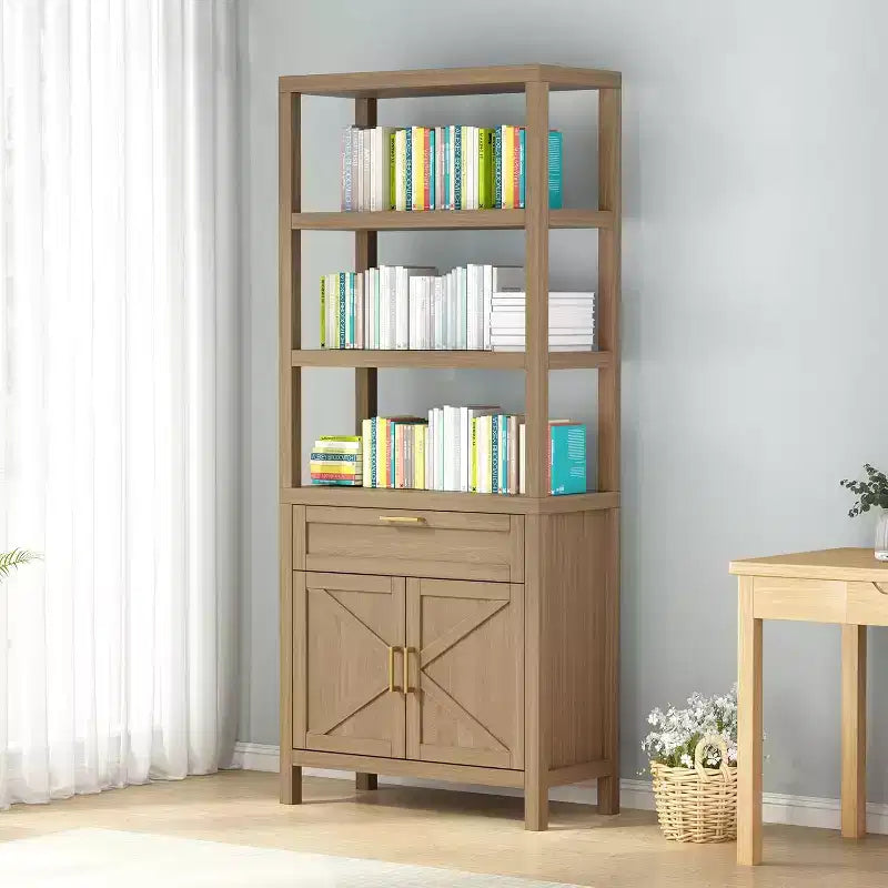71 Farmhouse Wood Bookshelf with Doors & Drawer - 5-Tier Tall Bookcase, Freestanding Storage Cabinet