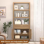 71 Farmhouse Wood Bookshelf with Doors & Drawer - 5-Tier Tall Bookcase, Freestanding Storage Cabinet