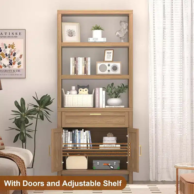 71 Farmhouse Wood Bookshelf with Doors & Drawer - 5-Tier Tall Bookcase, Freestanding Storage Cabinet