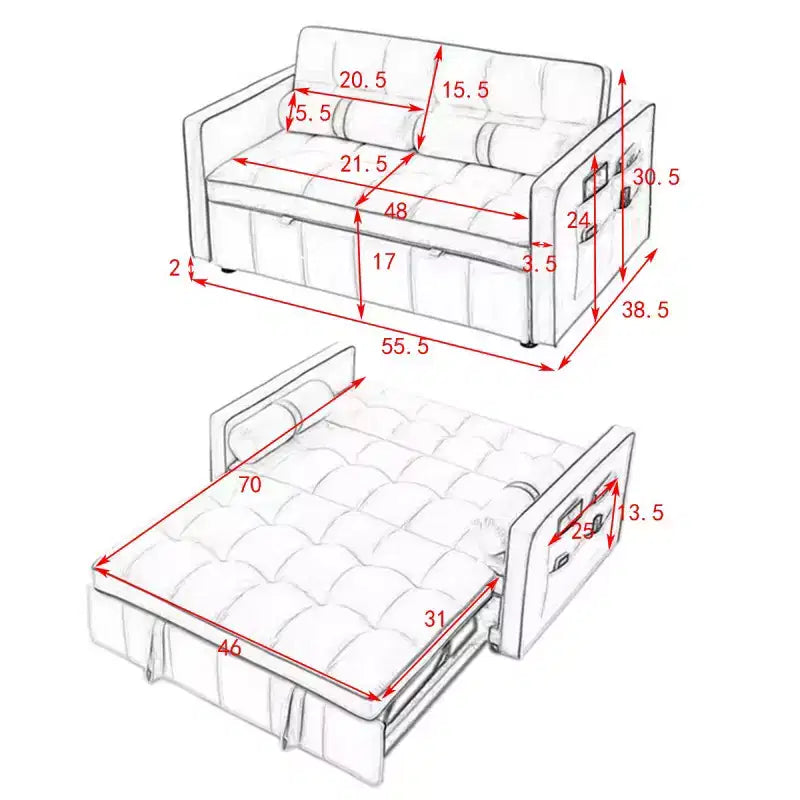 Divano letto estraibile da 55,5 pollici, divano a due posti in velluto, futon moderno a due posti con tasche laterali e letto estraibile
