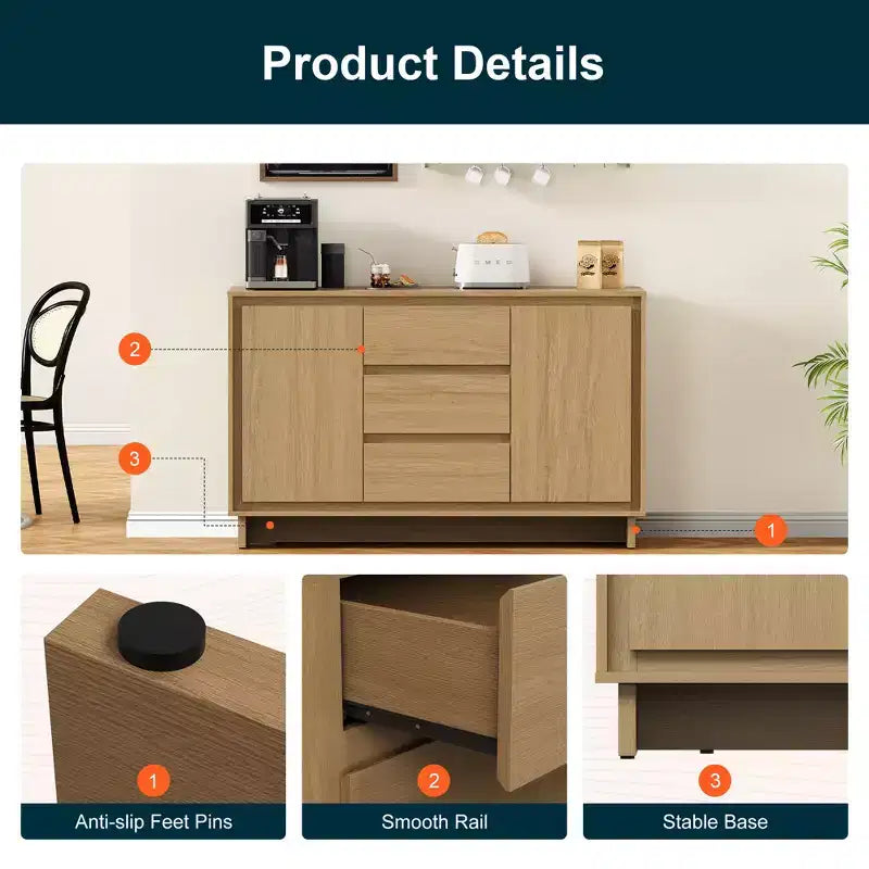 Heynemo Modern Storage Cabinet with 2 Doors, 3 Drawers & Framed Edge Design