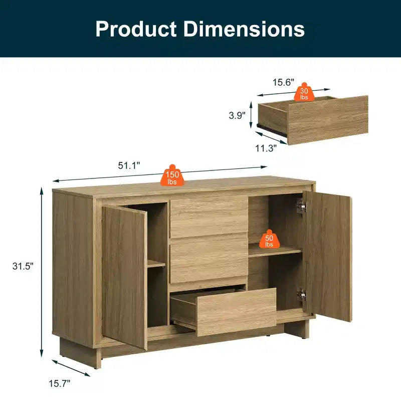 Heynemo Modern Storage Cabinet with 2 Doors, 3 Drawers & Framed Edge Design