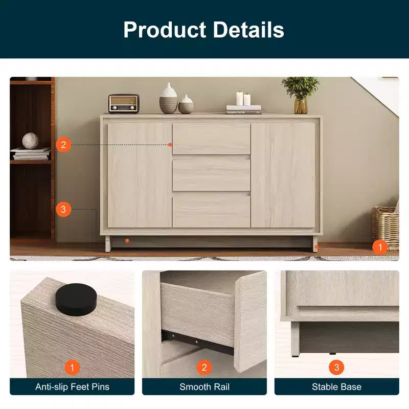 Heynemo Modern Storage Cabinet with 2 Doors, 3 Drawers & Framed Edge Design