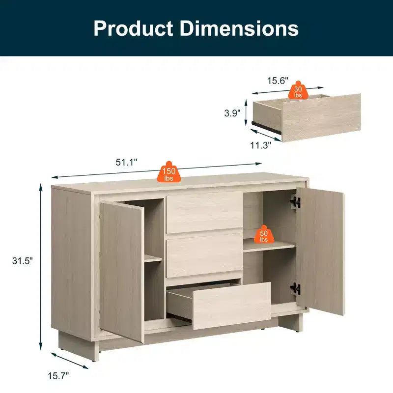 Heynemo Modern Storage Cabinet with 2 Doors, 3 Drawers & Framed Edge Design