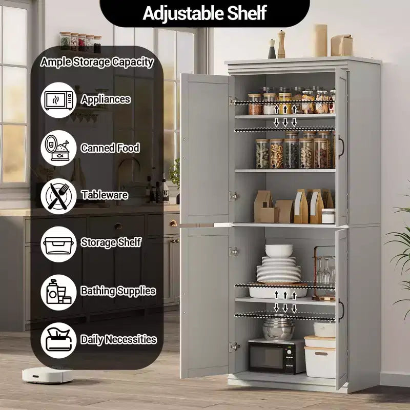 Tall Storage Cabinet, Freestanding Pantry Cabinet with Adjustable Shelves and Doors, 70-Inch Kitchen Cupboard