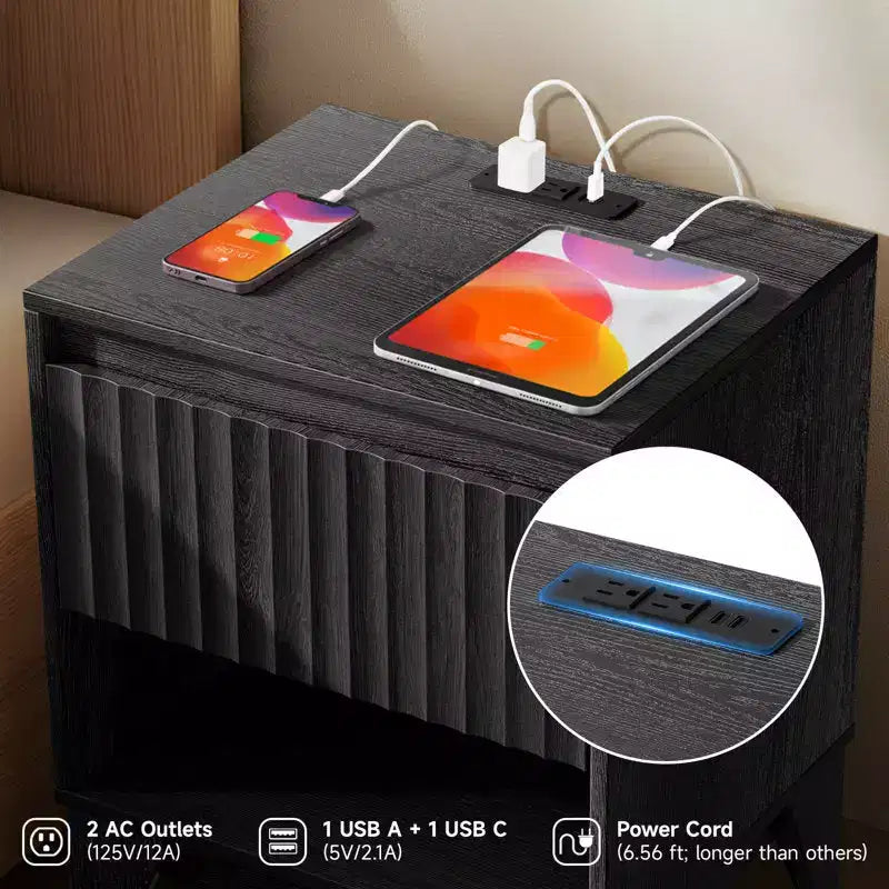 KOLIGEY 1 - Comodino a cassetti con stazione di ricarica, tavolino versatile con spazio di archiviazione