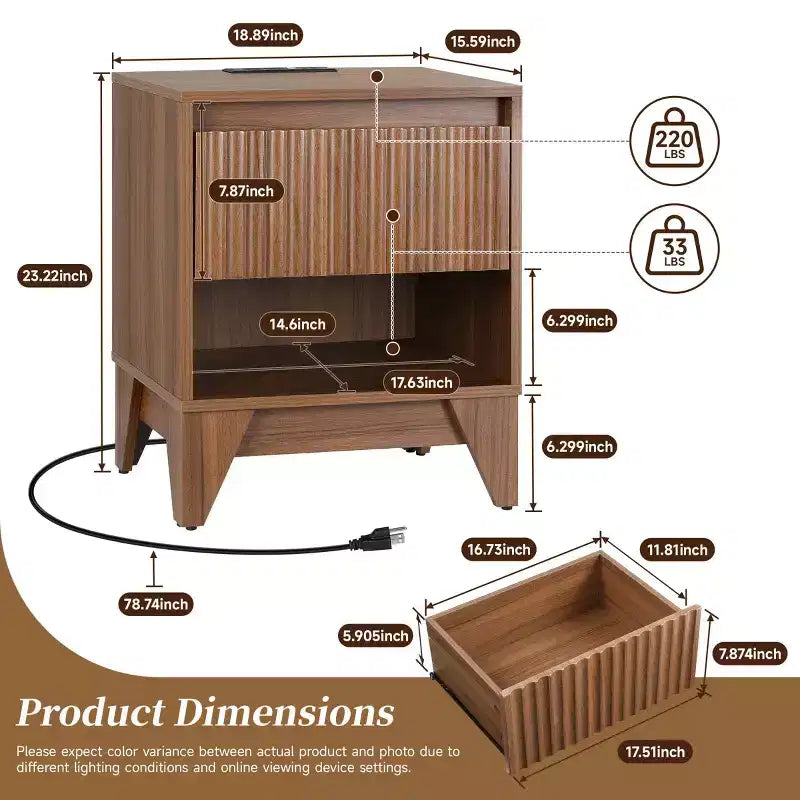 KOLIGEY 1 - Comodino a cassetti con stazione di ricarica, tavolino versatile con spazio di archiviazione