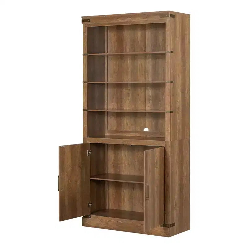 Libreria a 4 livelli, scaffale portaoggetti, espositore con luce LED, mobiletto contenitore con ripiani regolabili, noce, fattoria retrò - ModernLuxe