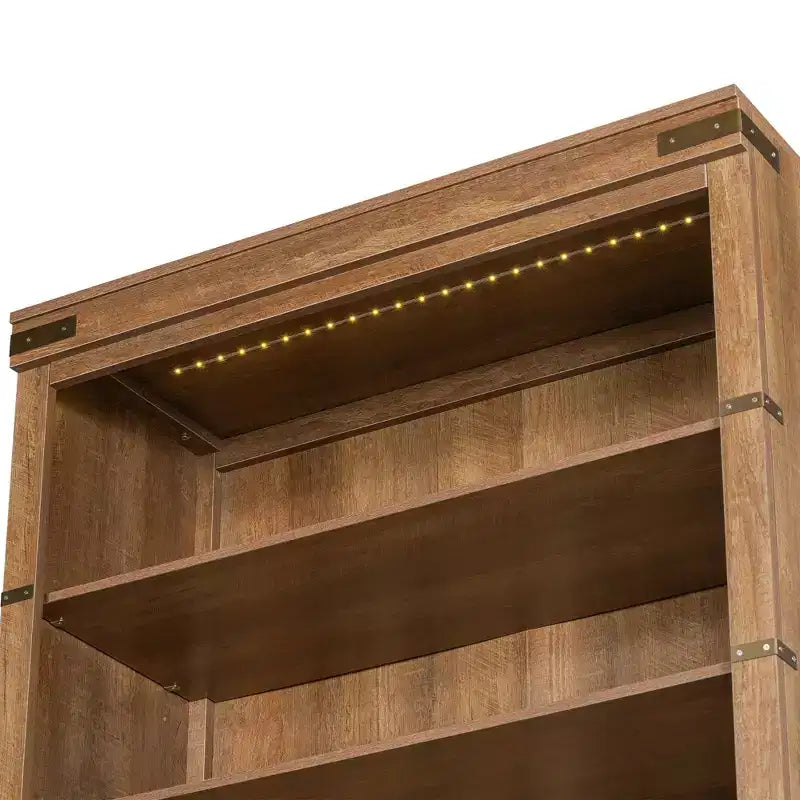 Libreria a 4 livelli, scaffale portaoggetti, espositore con luce LED, mobiletto contenitore con ripiani regolabili, noce, fattoria retrò - ModernLuxe