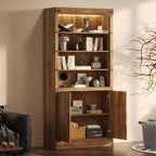Libreria a 4 livelli, scaffale portaoggetti, espositore con luce LED, mobiletto contenitore con ripiani regolabili, noce, fattoria retrò - ModernLuxe