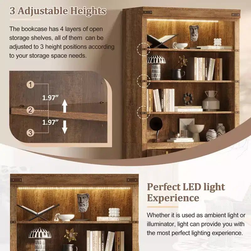 Libreria a 4 livelli, scaffale portaoggetti, espositore con luce LED, mobiletto contenitore con ripiani regolabili, noce, fattoria retrò - ModernLuxe
