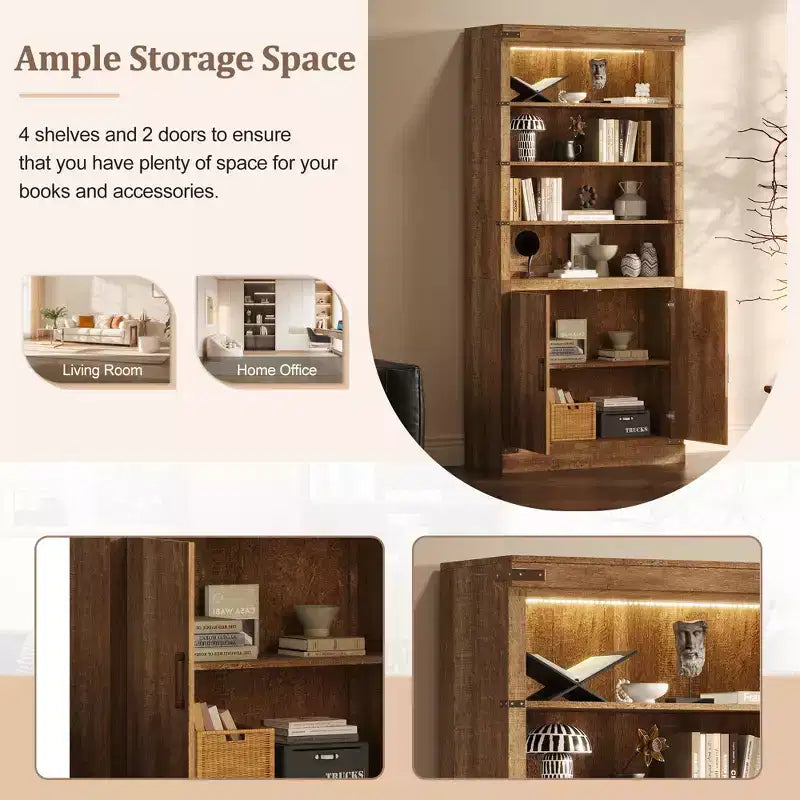Libreria a 4 livelli, scaffale portaoggetti, espositore con luce LED, mobiletto contenitore con ripiani regolabili, noce, fattoria retrò - ModernLuxe