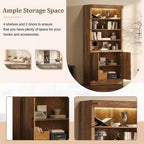 Libreria a 4 livelli, scaffale portaoggetti, espositore con luce LED, mobiletto contenitore con ripiani regolabili, noce, fattoria retrò - ModernLuxe