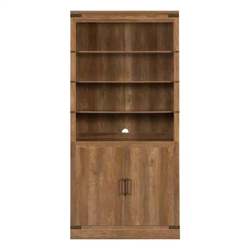 Libreria a 4 livelli, scaffale portaoggetti, espositore con luce LED, mobiletto contenitore con ripiani regolabili, noce, fattoria retrò - ModernLuxe