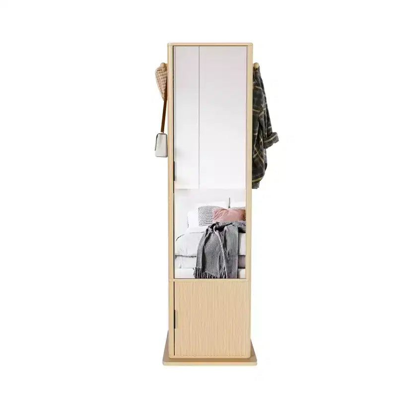 360 Rotating Coat Rack Scaffale Autoportante Appendiabiti Armadietto per Trucco Gioielli Mobile Contenitore con Specchio a Figura Intera, Ganci, Ripiano Aperto -ModernLuxe