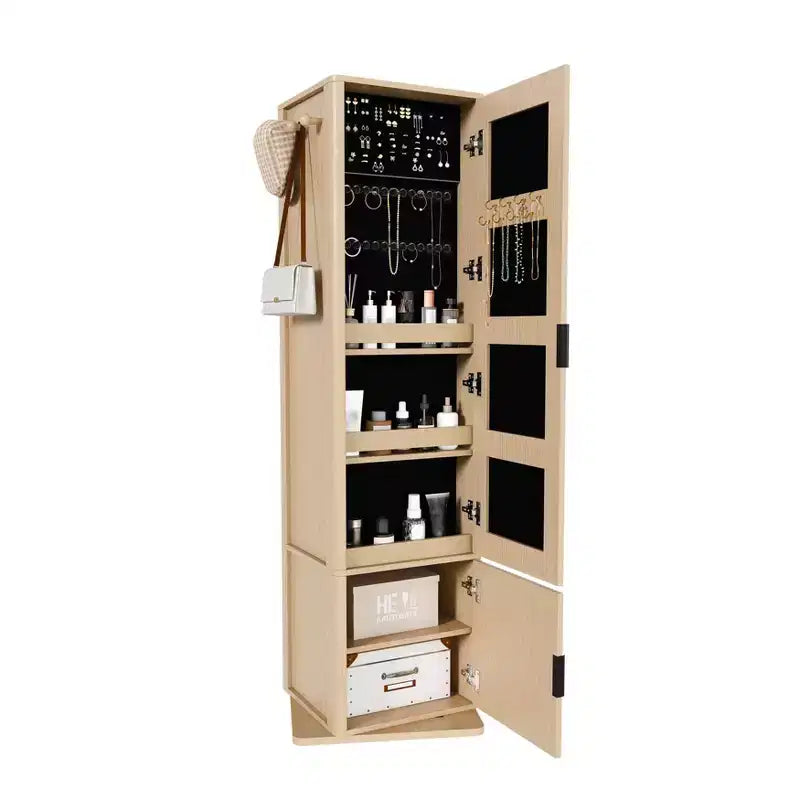 360 Rotating Coat Rack Scaffale Autoportante Appendiabiti Armadietto per Trucco Gioielli Mobile Contenitore con Specchio a Figura Intera, Ganci, Ripiano Aperto -ModernLuxe