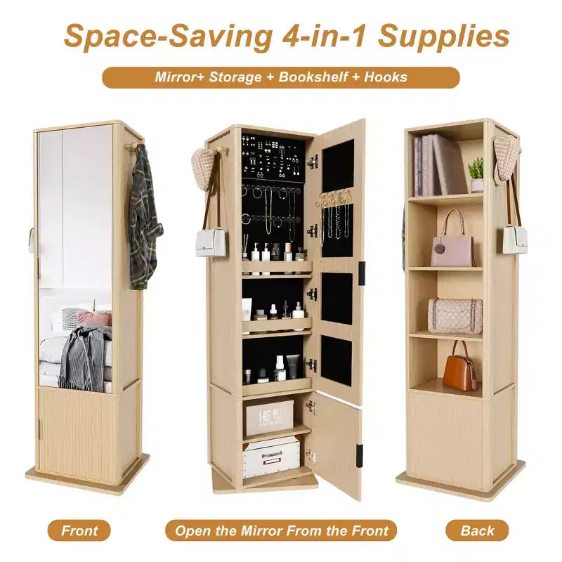 360 Rotating Coat Rack Scaffale Autoportante Appendiabiti Armadietto per Trucco Gioielli Mobile Contenitore con Specchio a Figura Intera, Ganci, Ripiano Aperto -ModernLuxe