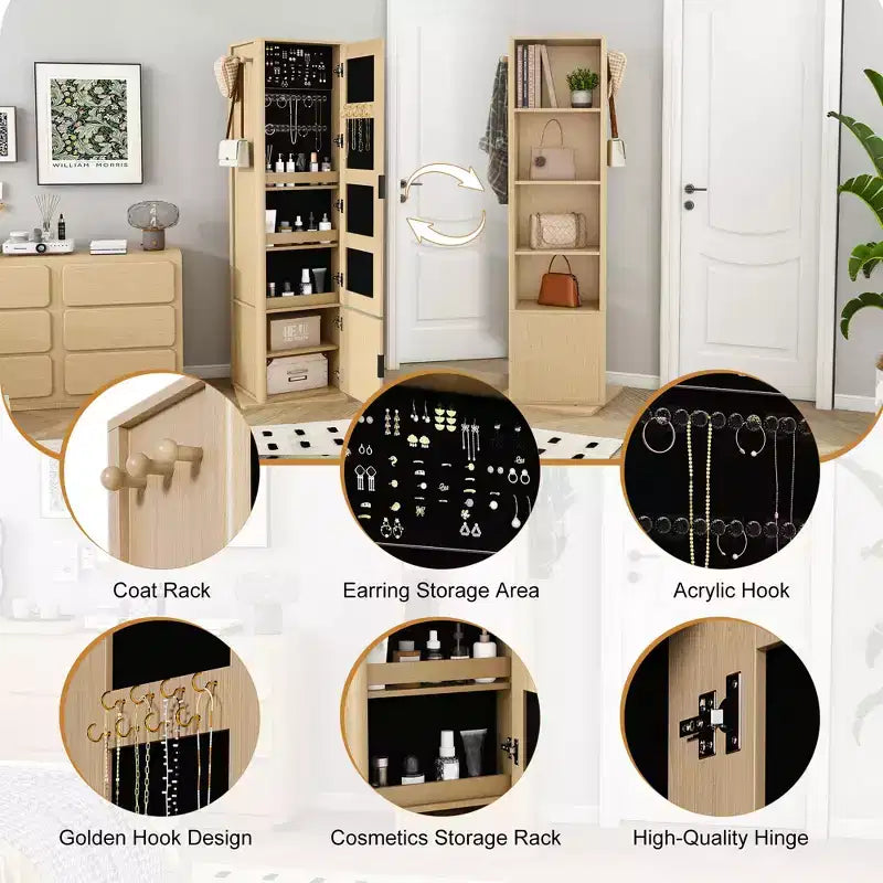 360 Rotating Coat Rack Scaffale Autoportante Appendiabiti Armadietto per Trucco Gioielli Mobile Contenitore con Specchio a Figura Intera, Ganci, Ripiano Aperto -ModernLuxe