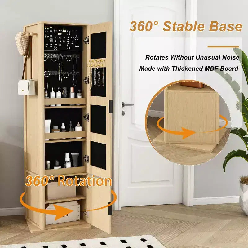 360 Rotating Coat Rack Scaffale Autoportante Appendiabiti Armadietto per Trucco Gioielli Mobile Contenitore con Specchio a Figura Intera, Ganci, Ripiano Aperto -ModernLuxe