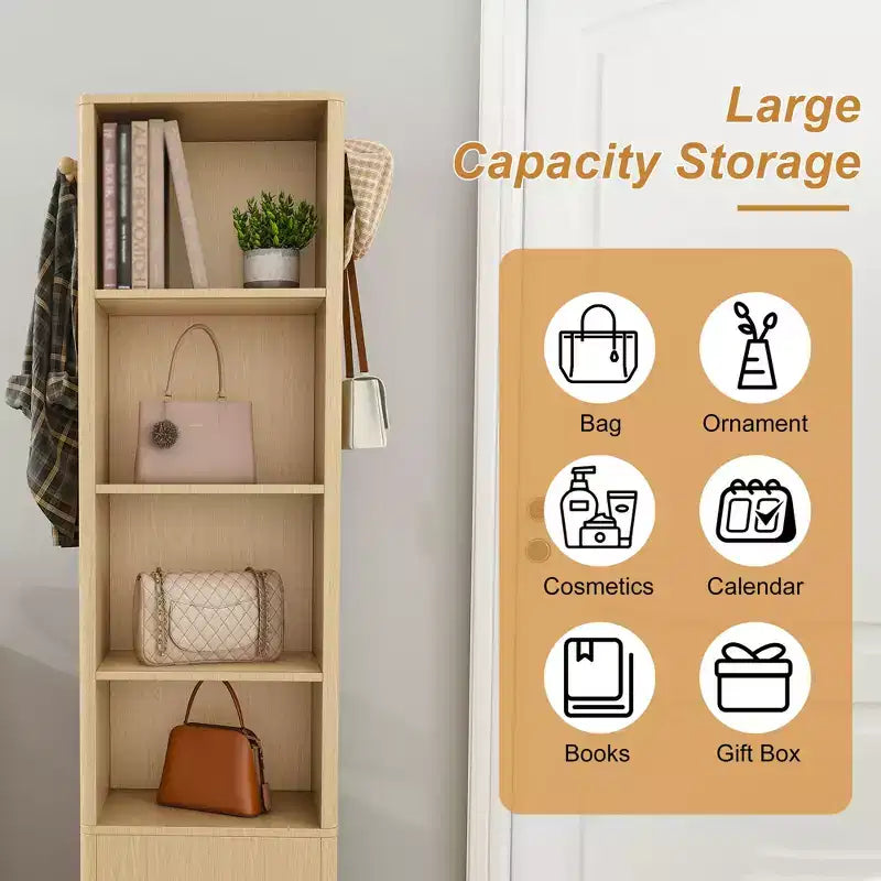 360 Rotating Coat Rack Scaffale Autoportante Appendiabiti Armadietto per Trucco Gioielli Mobile Contenitore con Specchio a Figura Intera, Ganci, Ripiano Aperto -ModernLuxe