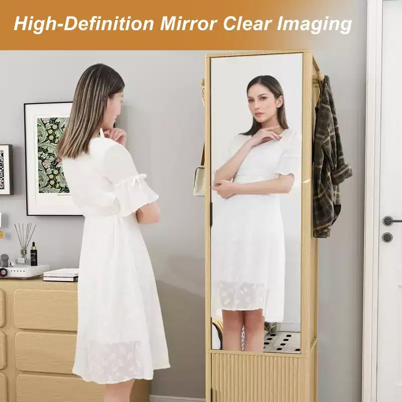 360 Rotating Coat Rack Scaffale Autoportante Appendiabiti Armadietto per Trucco Gioielli Mobile Contenitore con Specchio a Figura Intera, Ganci, Ripiano Aperto -ModernLuxe
