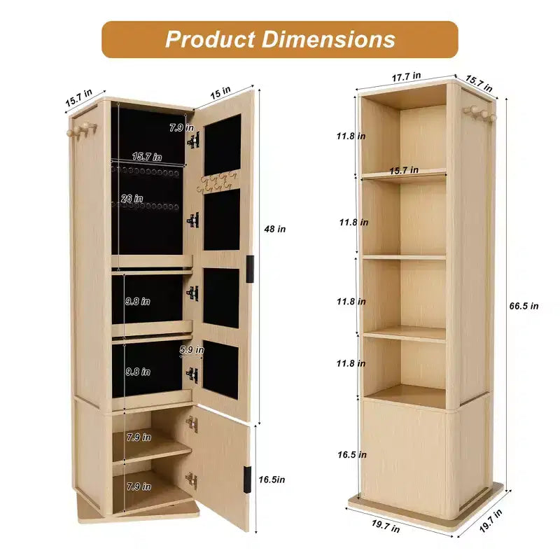 360 Rotating Coat Rack Scaffale Autoportante Appendiabiti Armadietto per Trucco Gioielli Mobile Contenitore con Specchio a Figura Intera, Ganci, Ripiano Aperto -ModernLuxe