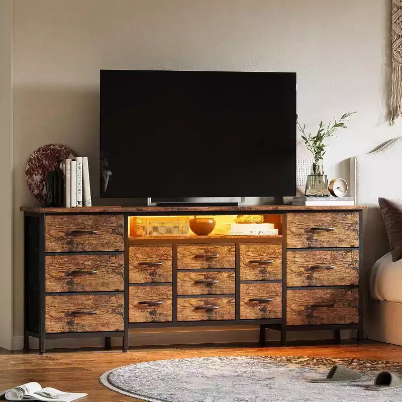 70 Inch 13-Drawer Dresser and TV Stand, Multi-Functional Storage Organizer for 65-80 Inch TVs, Fabric Cabinet for Bedroom and Living Room