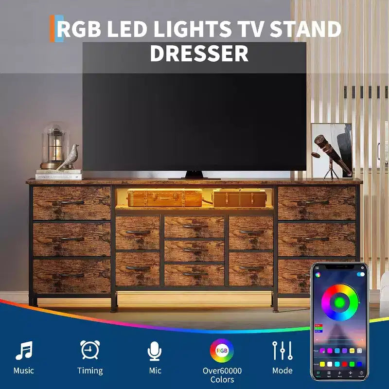 70 Inch 13-Drawer Dresser and TV Stand, Multi-Functional Storage Organizer for 65-80 Inch TVs, Fabric Cabinet for Bedroom and Living Room
