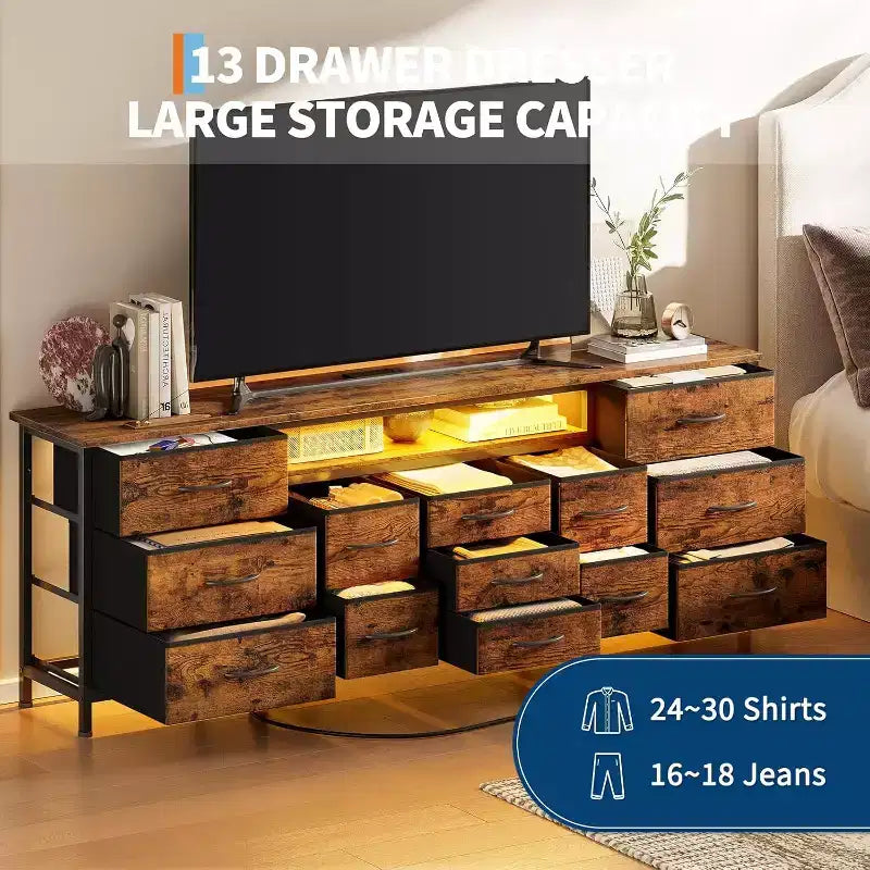 70 Inch 13-Drawer Dresser and TV Stand, Multi-Functional Storage Organizer for 65-80 Inch TVs, Fabric Cabinet for Bedroom and Living Room