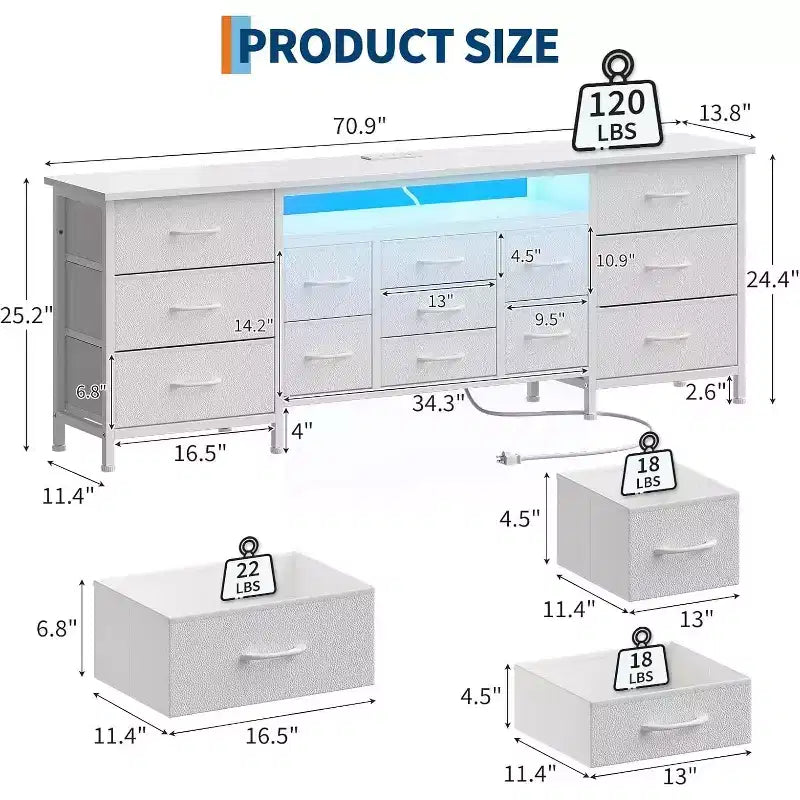 70 Inch 13-Drawer Dresser and TV Stand, Multi-Functional Storage Organizer for 65-80 Inch TVs, Fabric Cabinet for Bedroom and Living Room